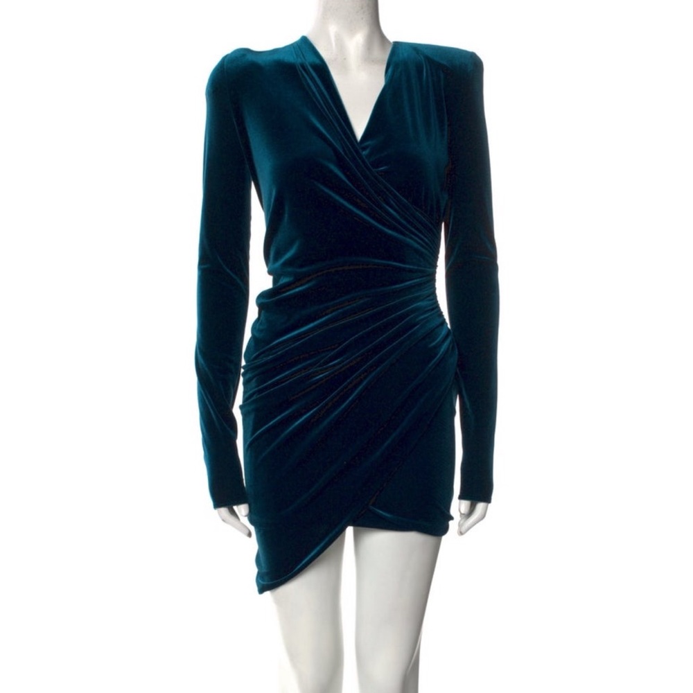 ALEXANDRE VAUTHIER Draped V Neck Stretch Velvet Mini Dress Blue